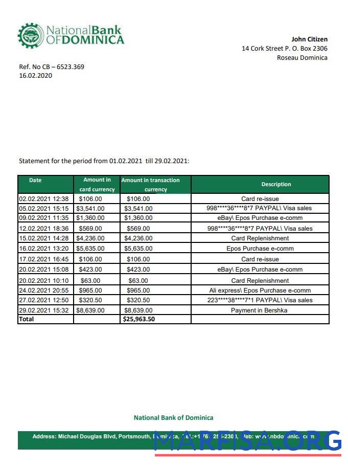 Realistic Dominica National Bank of Dominica bank statement excel sample